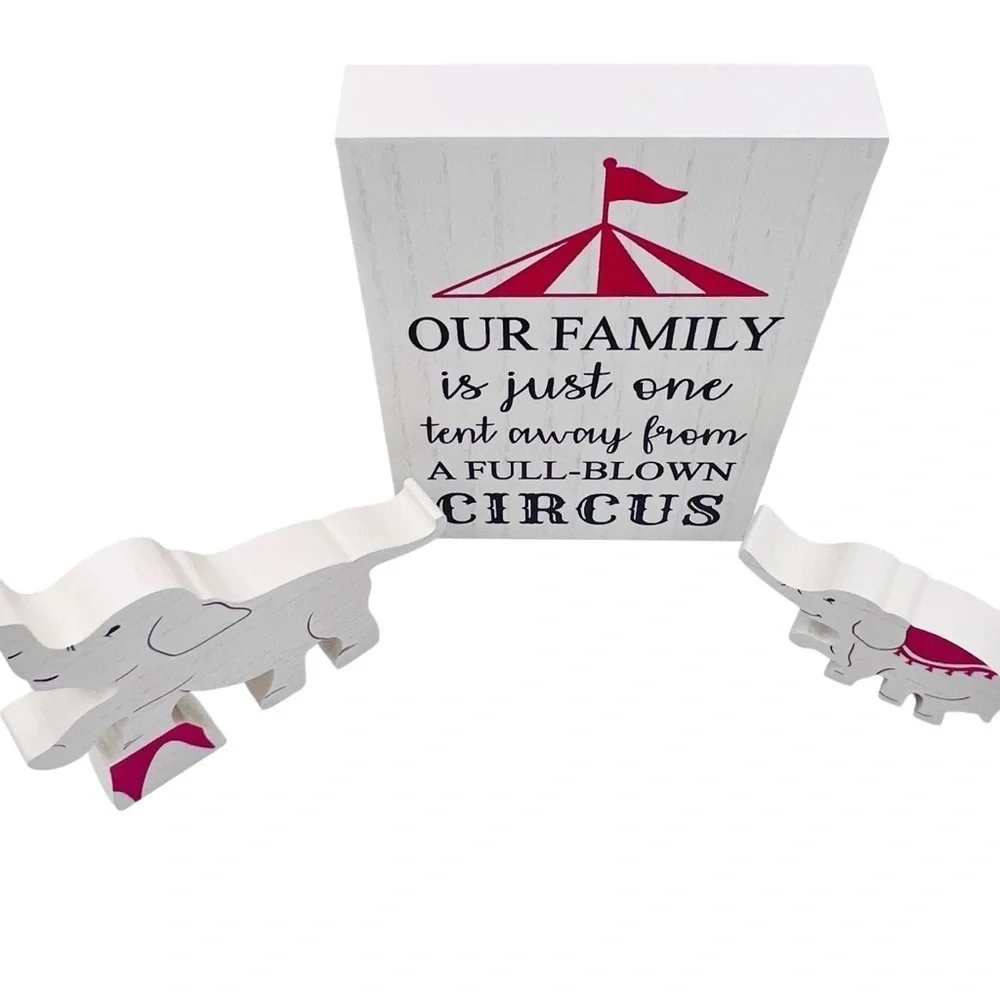 Whimsical Elephant Circus Family Red & White Wooden Sign Set of 3 Home Decor NEW